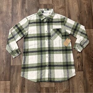 Eden & Olivia Plaid Flannel Olive Ivory Button Up Longer Shirt Women's Size M